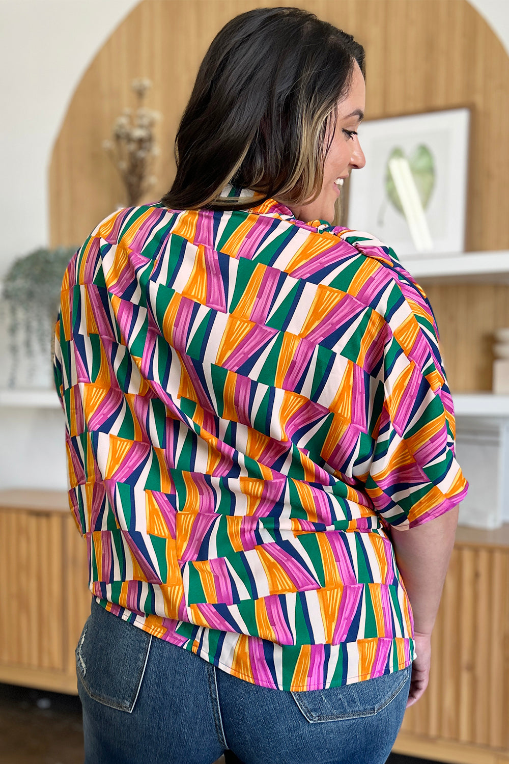 Double Take Full Size Geometric Notched Dolman Sleeve Top - Charming Charlie