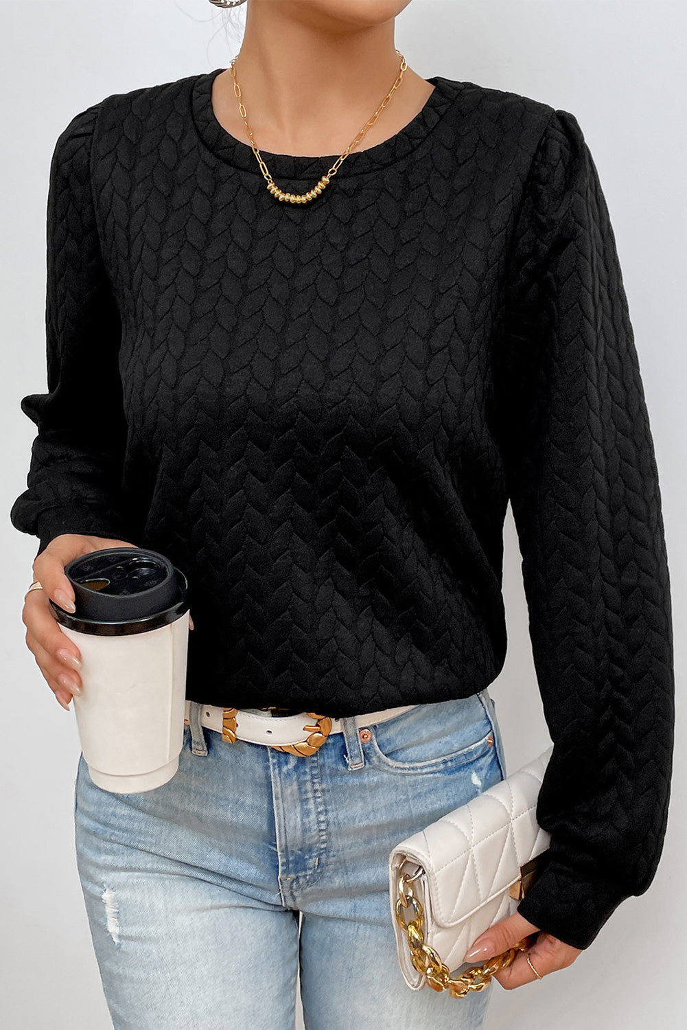 Texture Round Neck Long Sleeve Sweatshirt - Charming Charlie