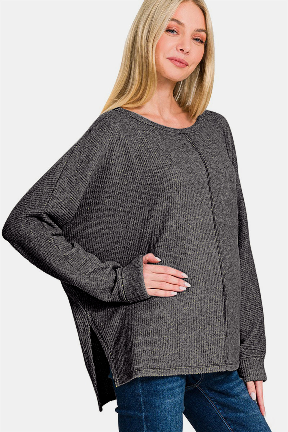Zenana High-Low Side Slit Round Neck T-Shirt - Charming Charlie
