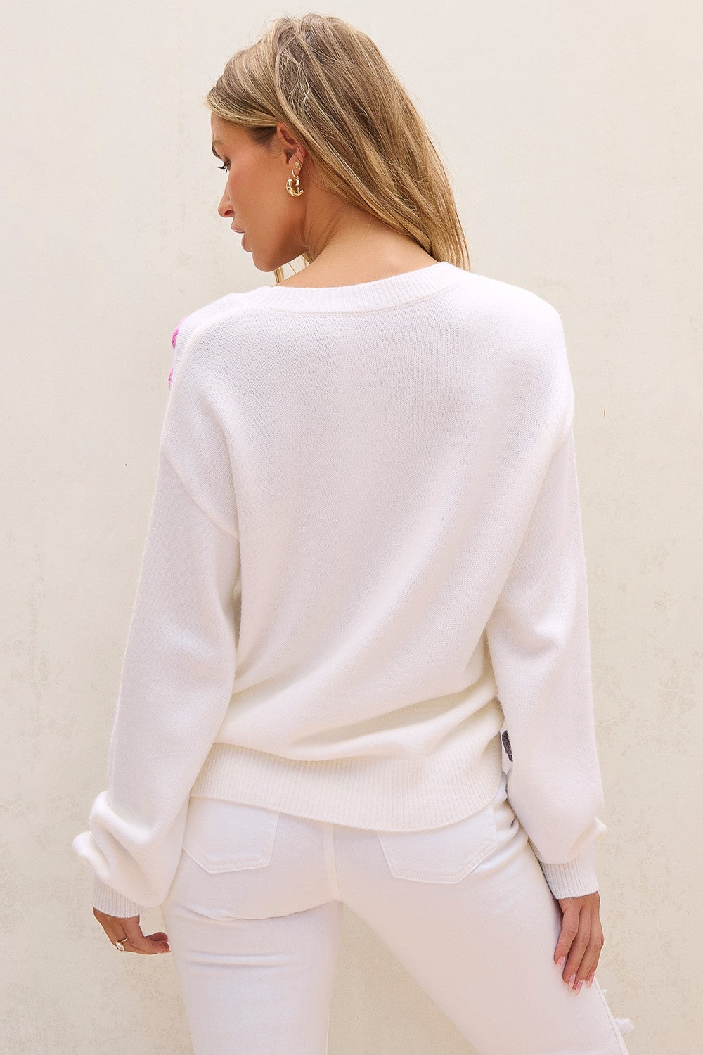 Crochet Flower Round Neck Long Sleeve Sweater - Charming Charlie