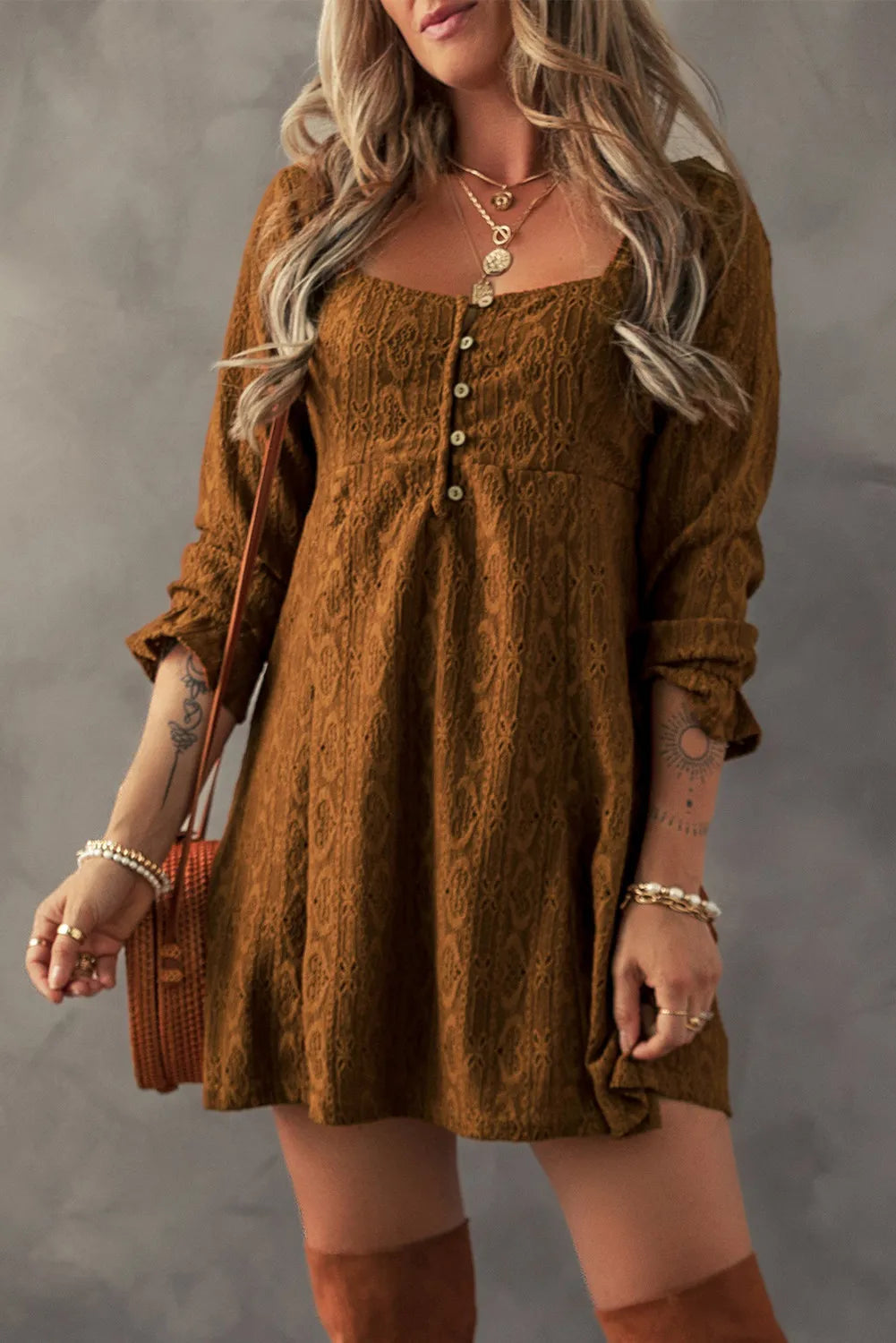 Textured Square Neck Mini Dress - Charming Charlie