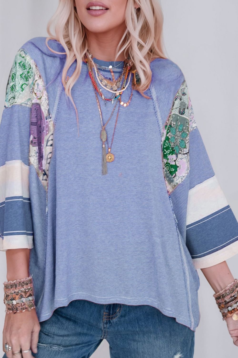 Striped Floral Patchwork Round Neck Top - Charming Charlie