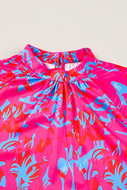 Purple Printed Bubble Sleeve Mock Neck Blouse - Charming Charlie