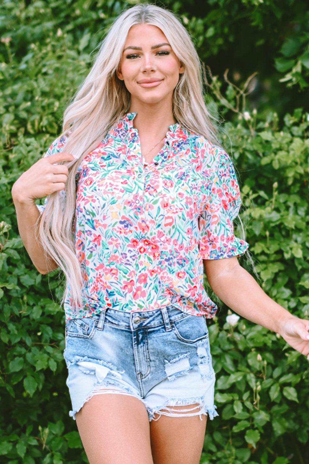 Printed Notched Short Sleeve Blouse - Charming Charlie