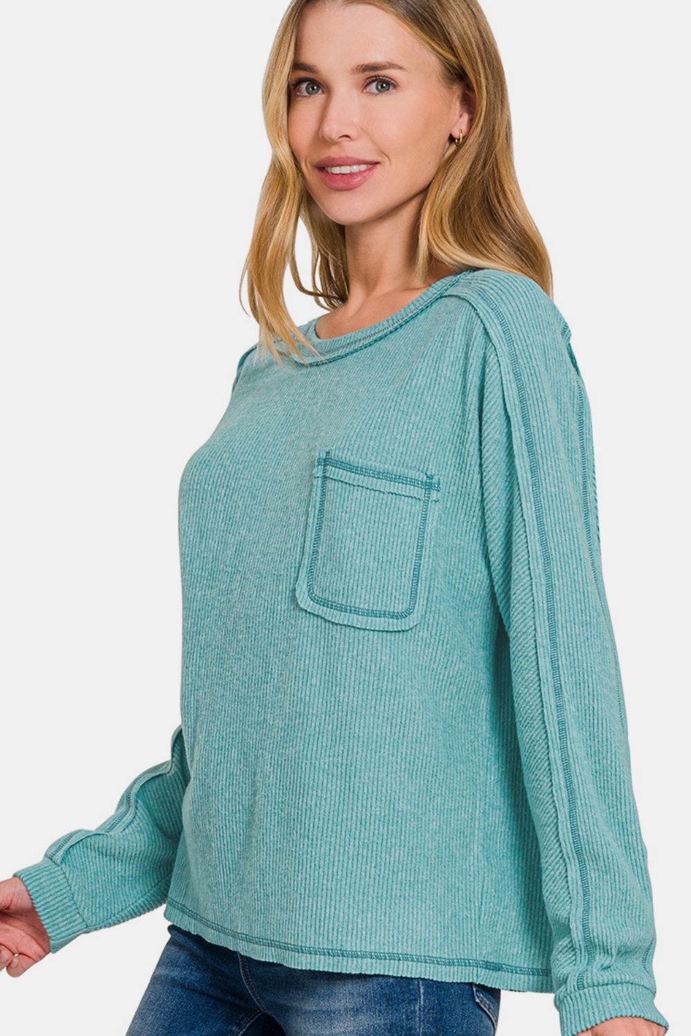 Zenana Full Size Contrast Stitching Brushed Ribbed Hacci Knit Top Plu Size - Charming Charlie