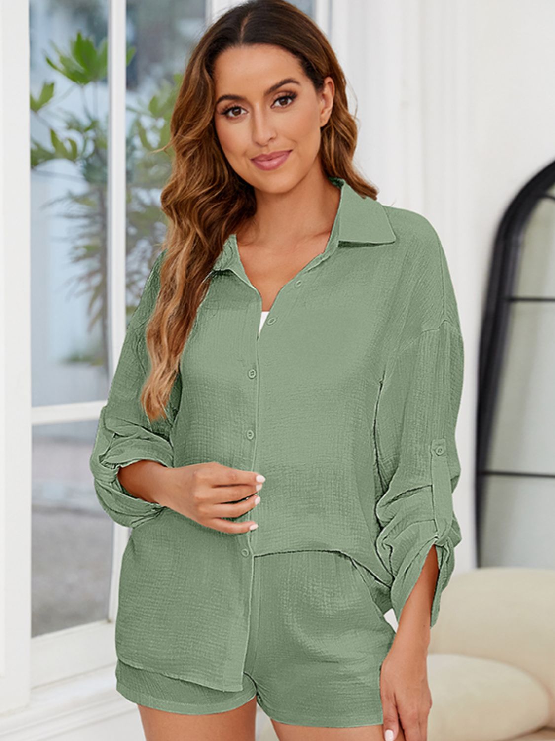 Button Up Long Sleeve Top and Shorts Set - Charming Charlie