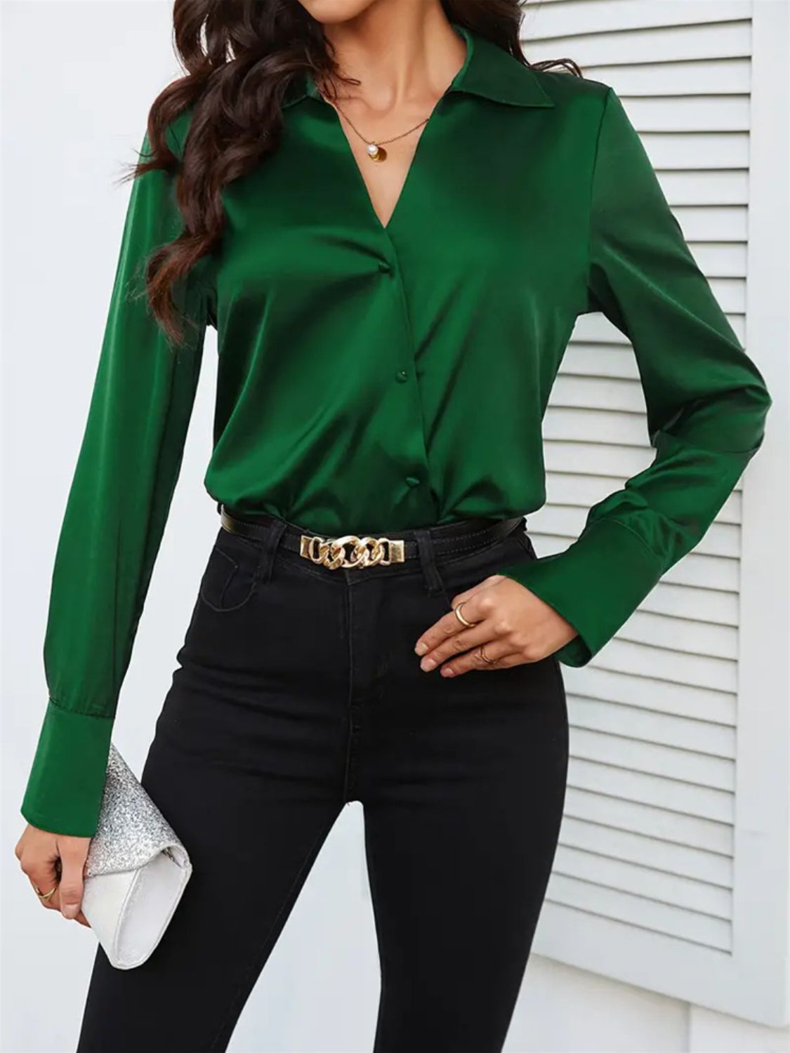 Button Up Collared Neck Long Sleeve Shirt - Charming Charlie