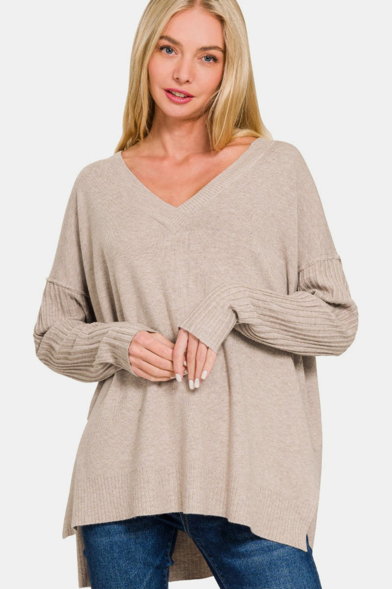 Zenana Washed Side Slit Oversized Womens Sweater