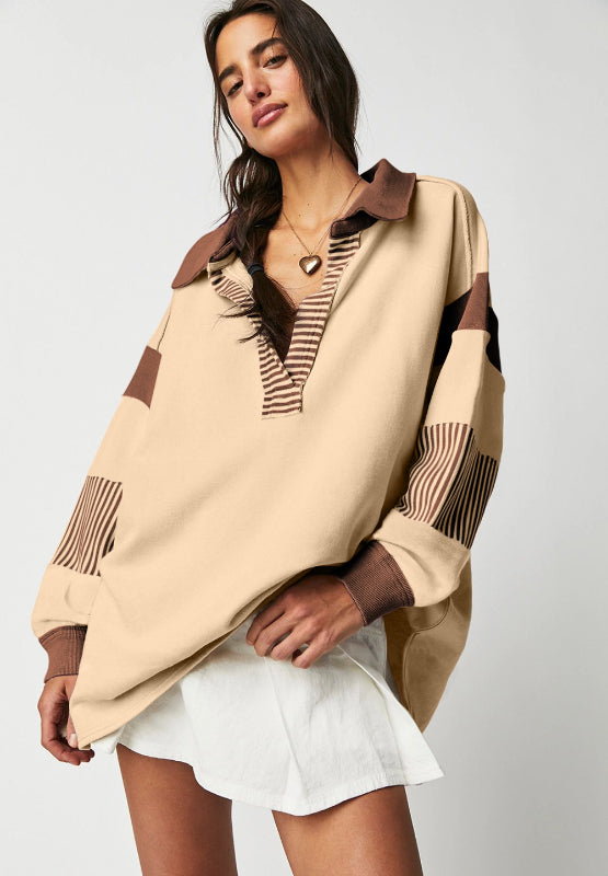 Color Block Johnny Collar Long Sleeve Sweatshirt - Charming Charlie