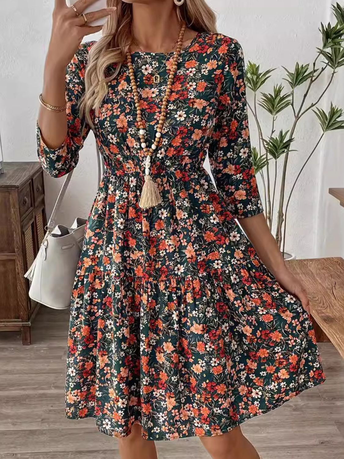 Frill Floral Round Neck Dress - Charming Charlie