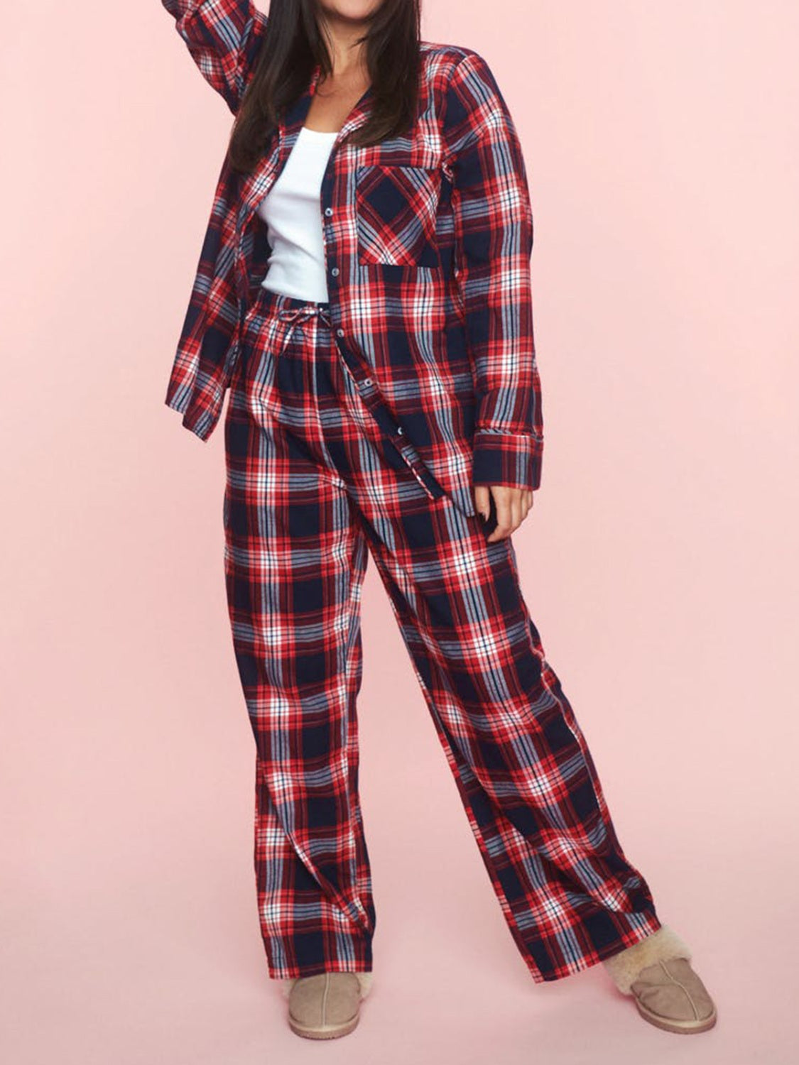 Plaid Collared Neck Button Up Top and Pants Lounge Set - Charming Charlie