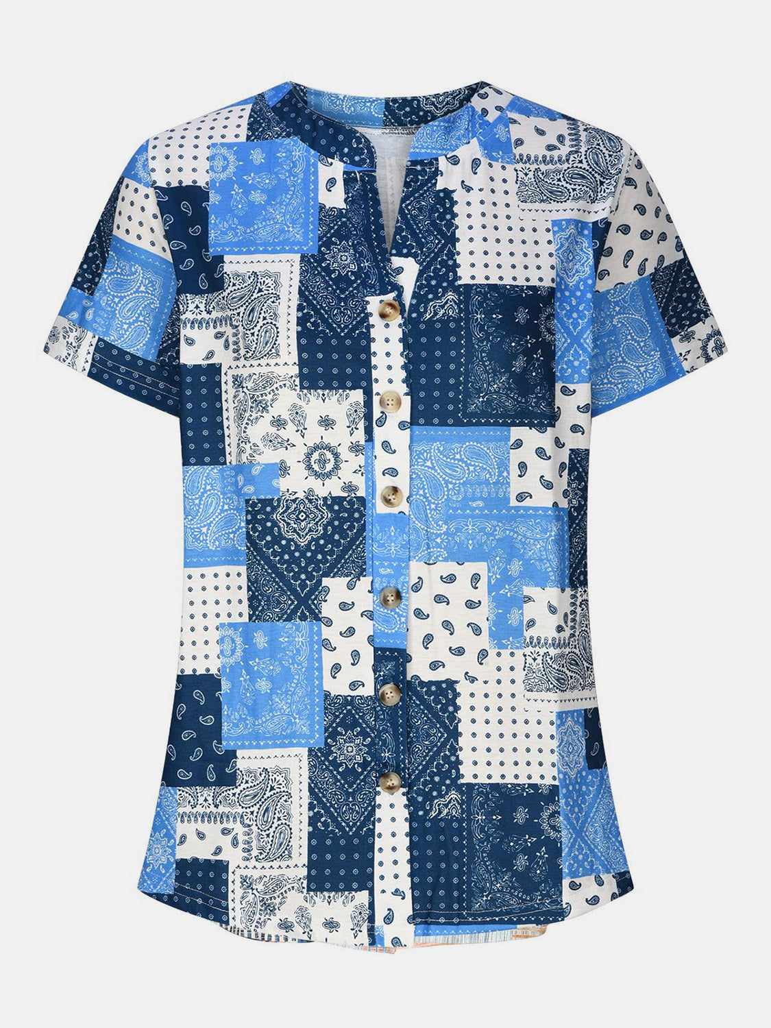 Printed Notched Short Sleeve Blouse - Charming Charlie