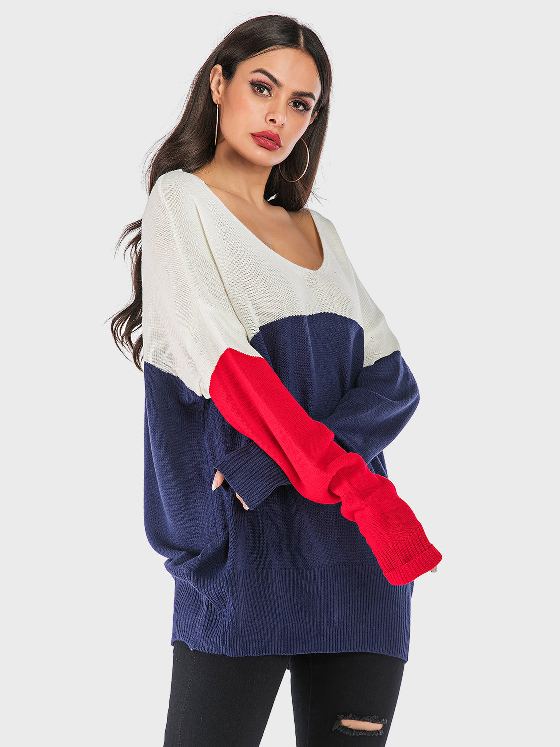 Perfee Contrast V-Neck Long Sleeve Knit Top - Charming Charlie