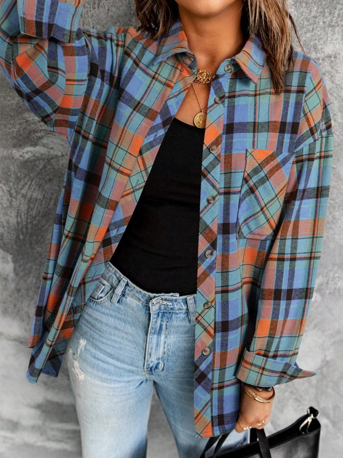 Plaid Collared Neck Long Sleeve Shirt - Charming Charlie