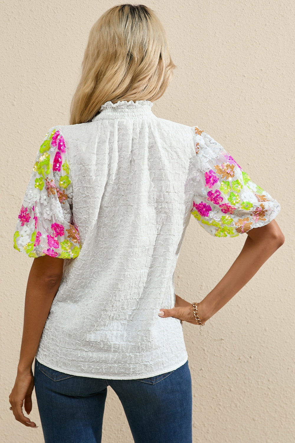 Sequin Flower Mock Neck Half Sleeve Blouse - Charming Charlie