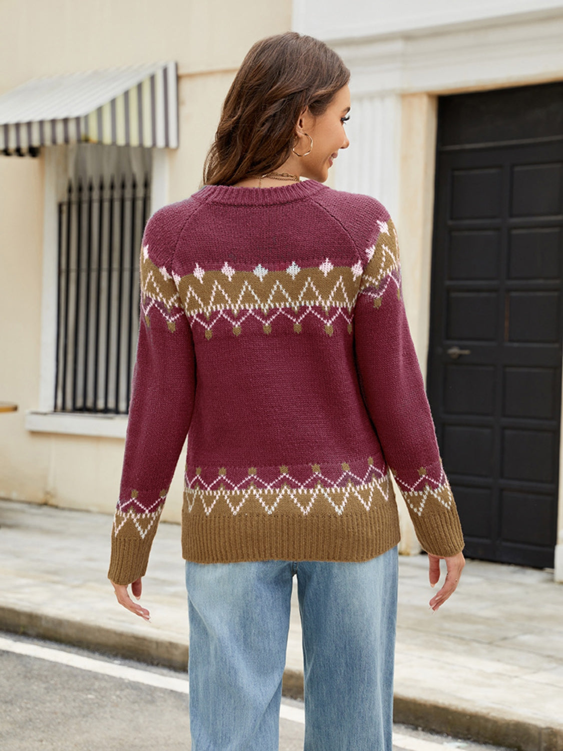 Contrast Round Neck Long Sleeve Sweater - Charming Charlie