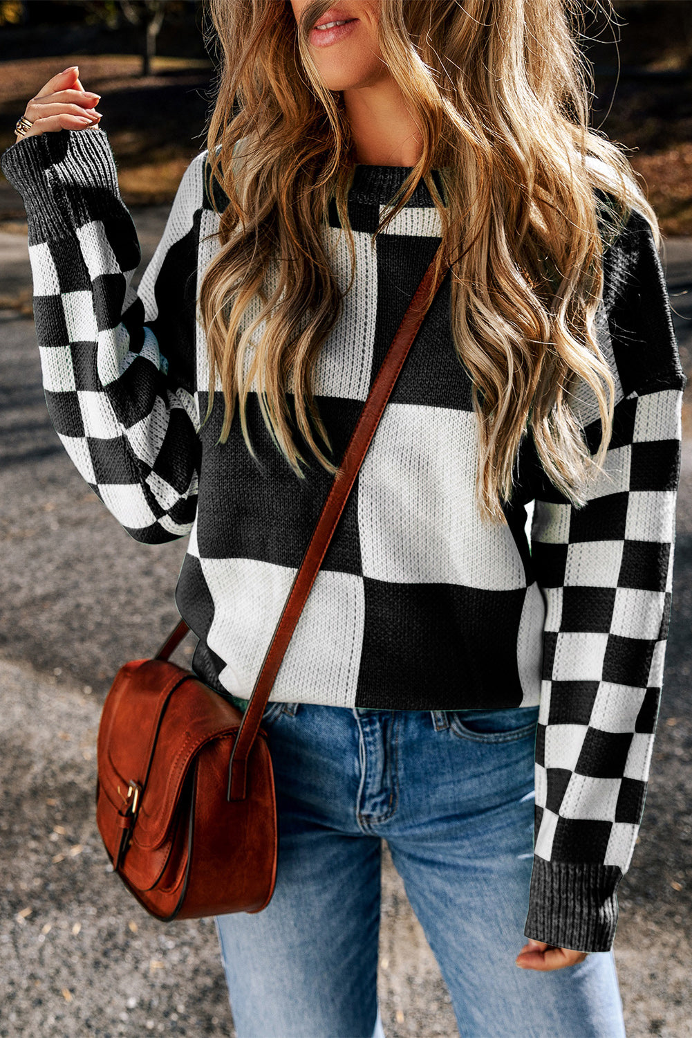 Checkered Round Neck Drop Shoulder Sweater - Charming Charlie