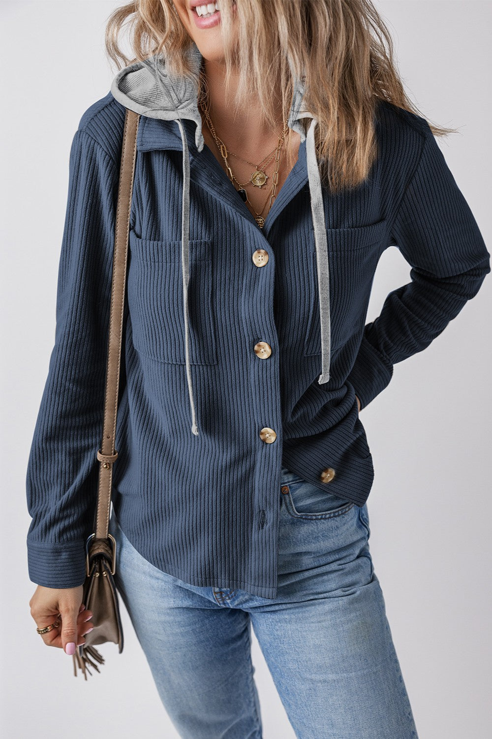 Drawstring Button Up Long Sleeve Hooded Jacket - Charming Charlie
