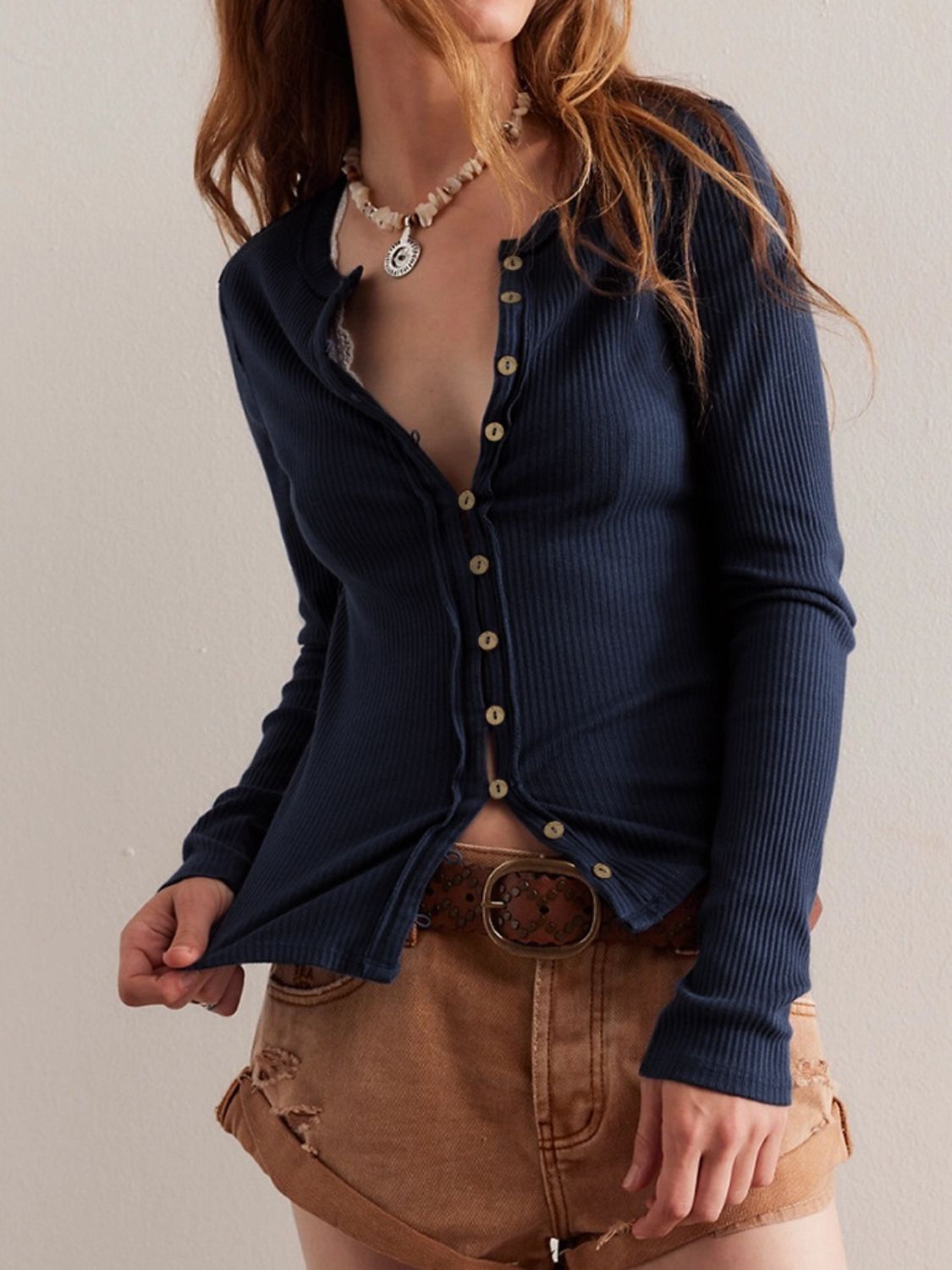 Ribbed Round Neck Long Sleeve Top - Charming Charlie
