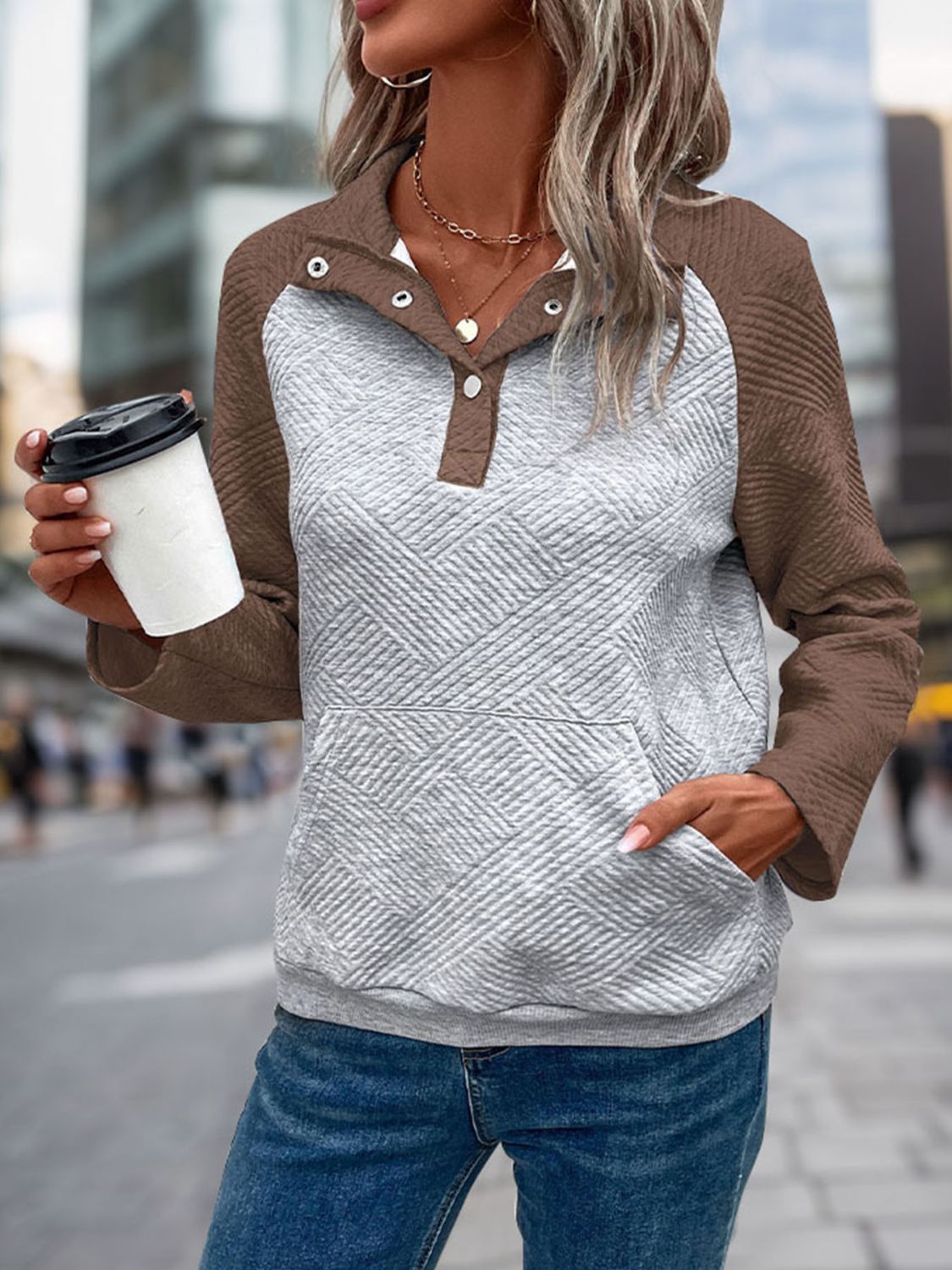 Contrast Textured Long Sleeve Sweatshirt - Charming Charlie