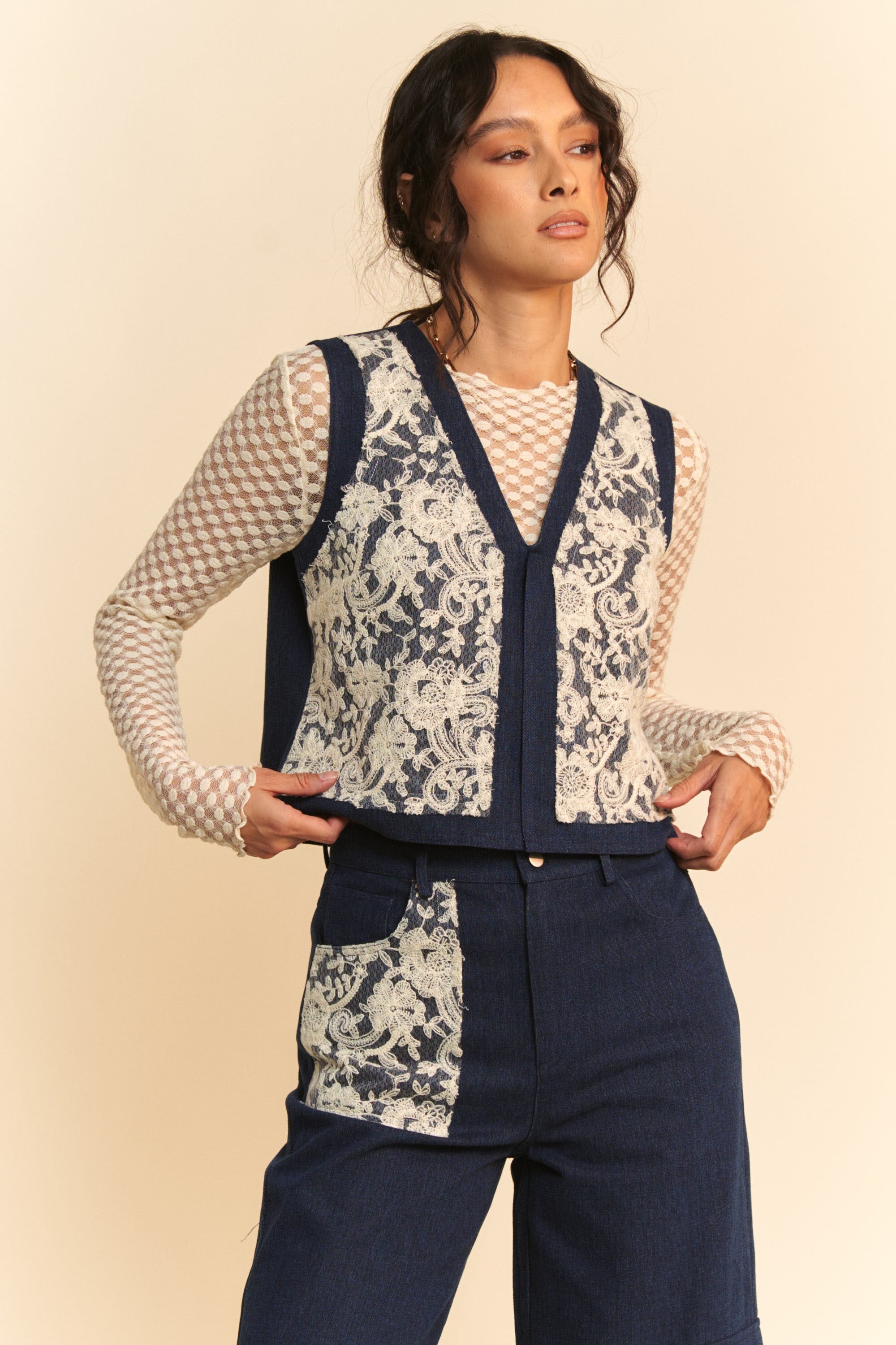 Davi & Dani Lace Patch Open Front Denim Vest - Charming Charlie
