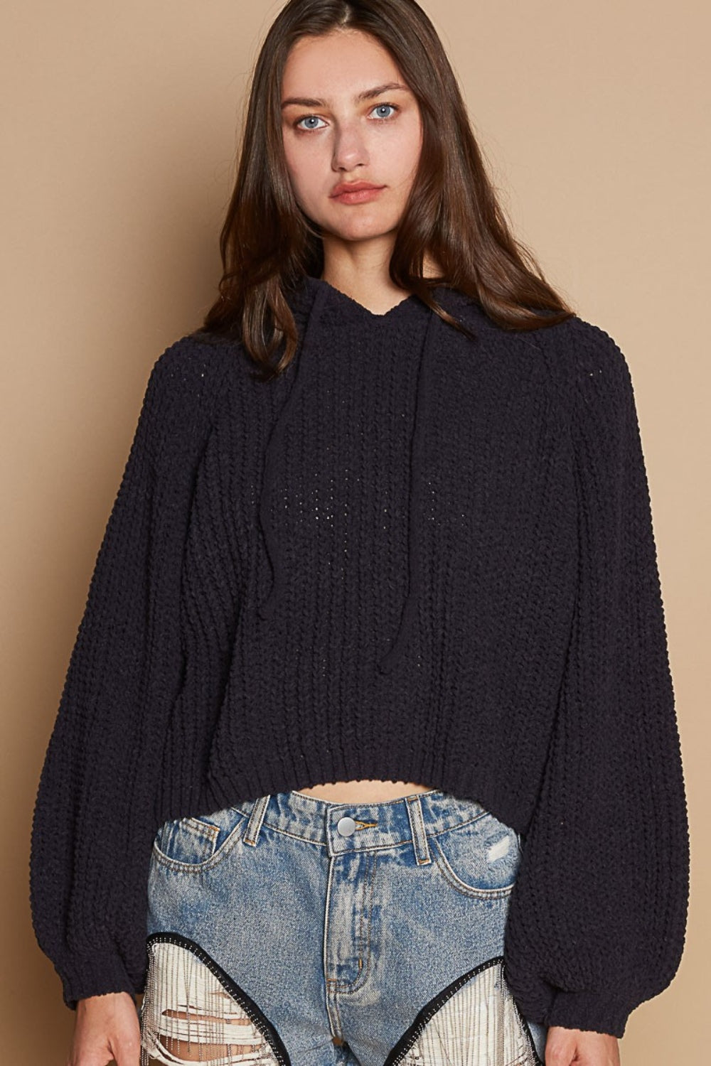 POL Back Open Slit Balloon Sleeve Crop Hooded Sweater - Charming Charlie