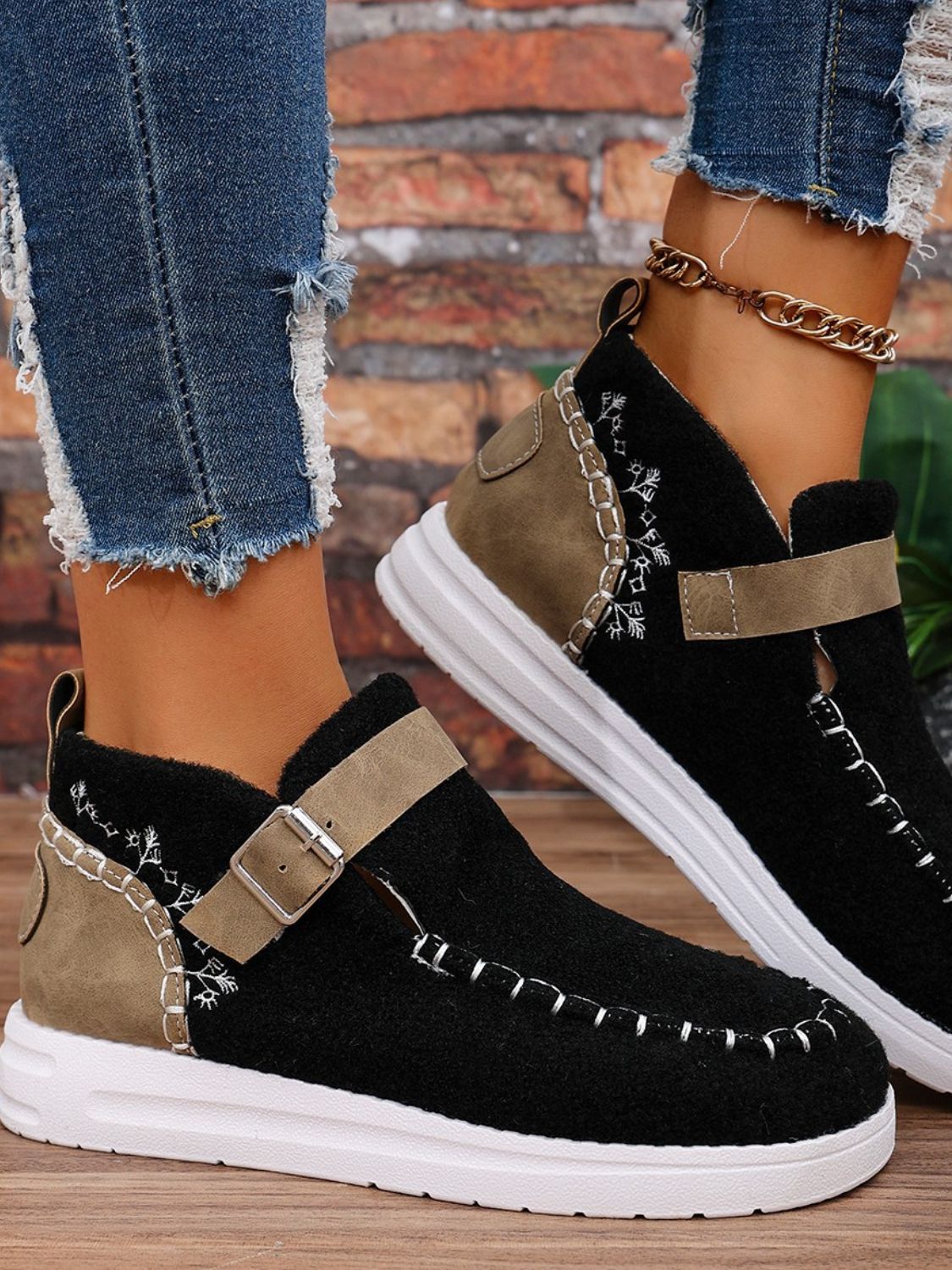 Contrast Round Toe Buckle Sneakers - Charming Charlie