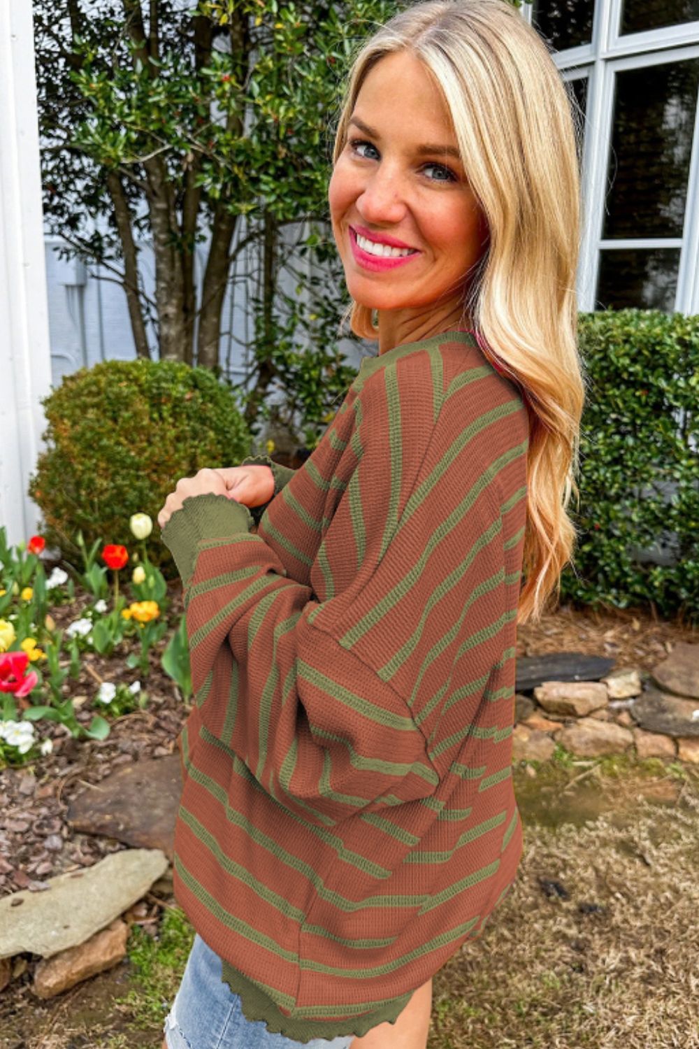 Striped Round Neck Long Sleeve Sweater - Charming Charlie