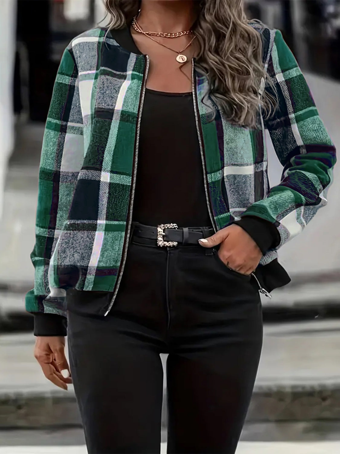 Plus Size Plaid Baseball Collar Zip Up Jacket - Charming Charlie