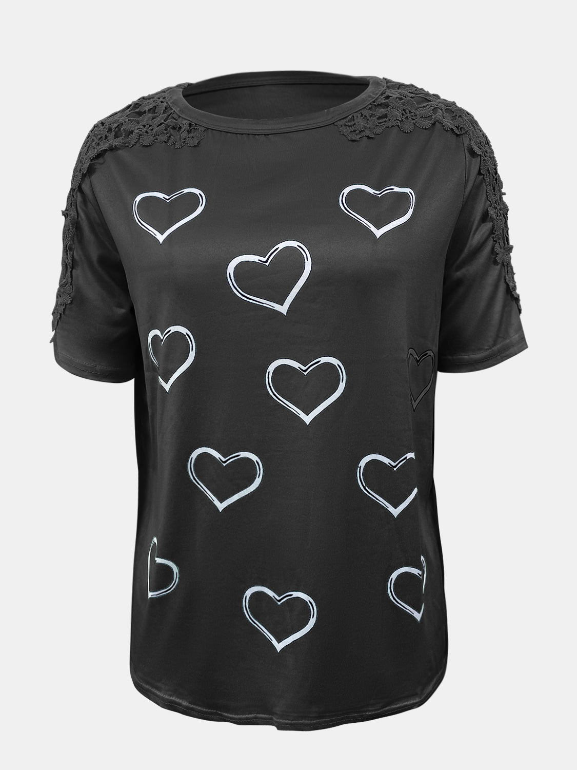 Full Size Lace Detail Heart Round Neck Short Sleeve Top - Charming Charlie