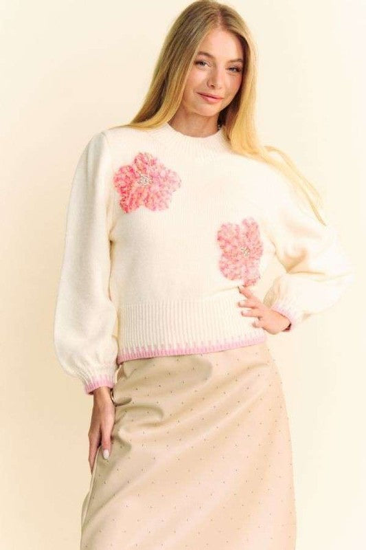 Davi & Dani Flower Patch Fuzzy Mock Neck Sweater - Charming Charlie