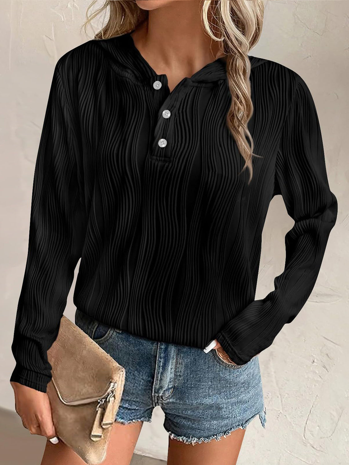 Textured Long Sleeve Hoodie - Charming Charlie