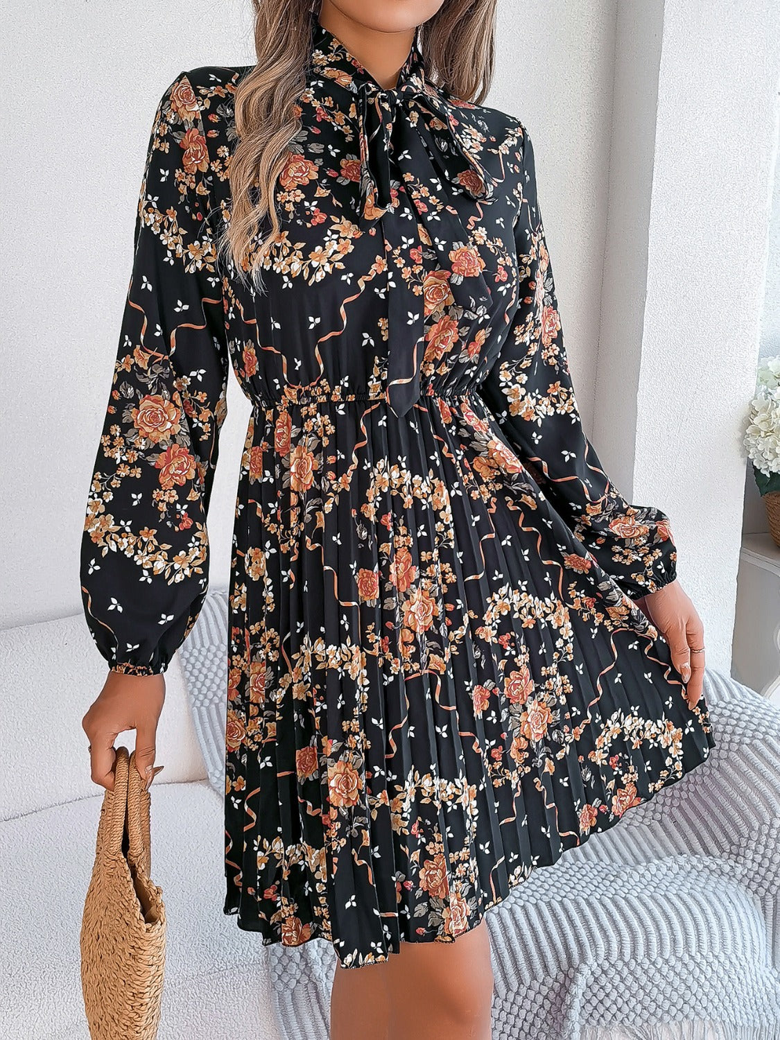 Pleated Printed Tie Neck Long Sleeve Dress - Charming Charlie
