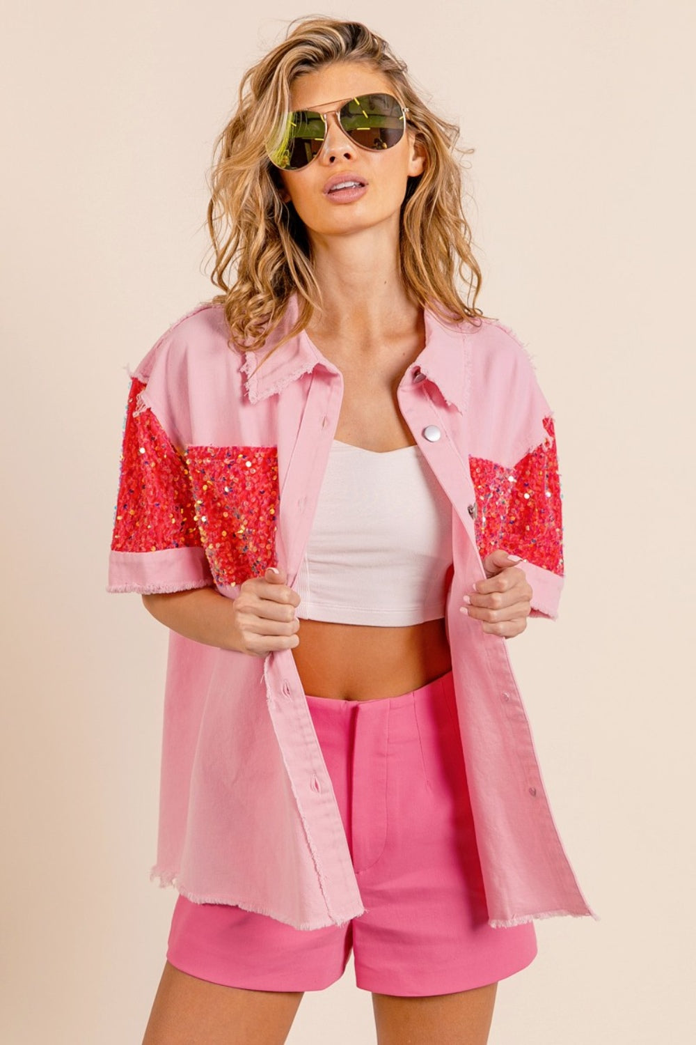 BiBi Sequin Detail Raw Hem Short Sleeve Shirt - Charming Charlie