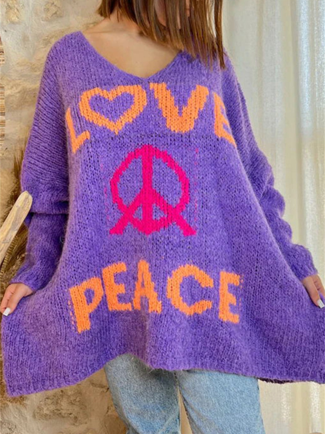 Peace Graphic V-Neck Long Sleeve Sweater - Charming Charlie