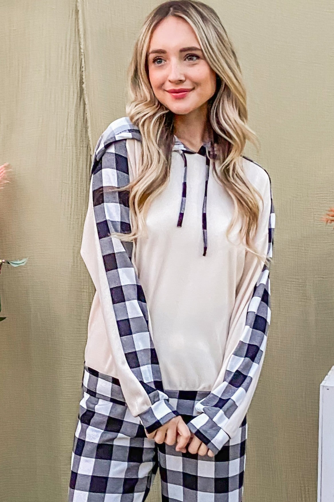 And The Why Drawstring Hooded Top and Plaid Pants Lounge Set - Charming Charlie