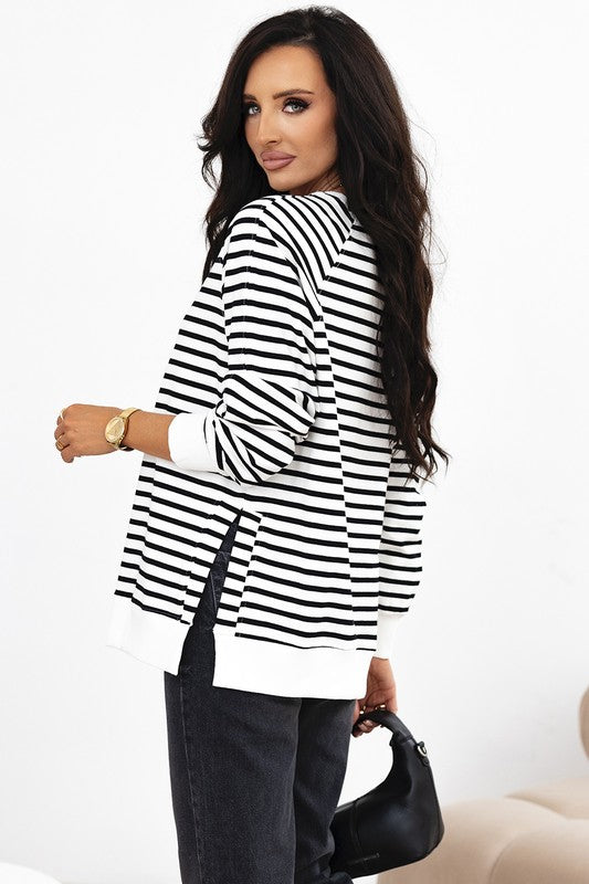Stripe Raglan Sleeve Side Slits Loose Sweatshirt - Charming Charlie