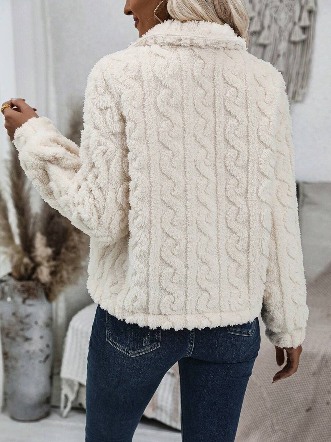 Fuzzy Button Up Collared Neck Jacket - Charming Charlie