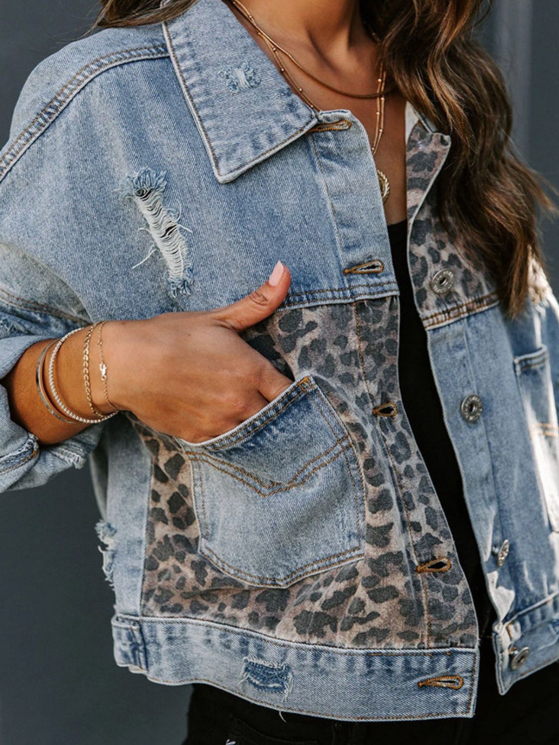 Distressed Leopard Drop Shoulder Denim Jacket - Charming Charlie