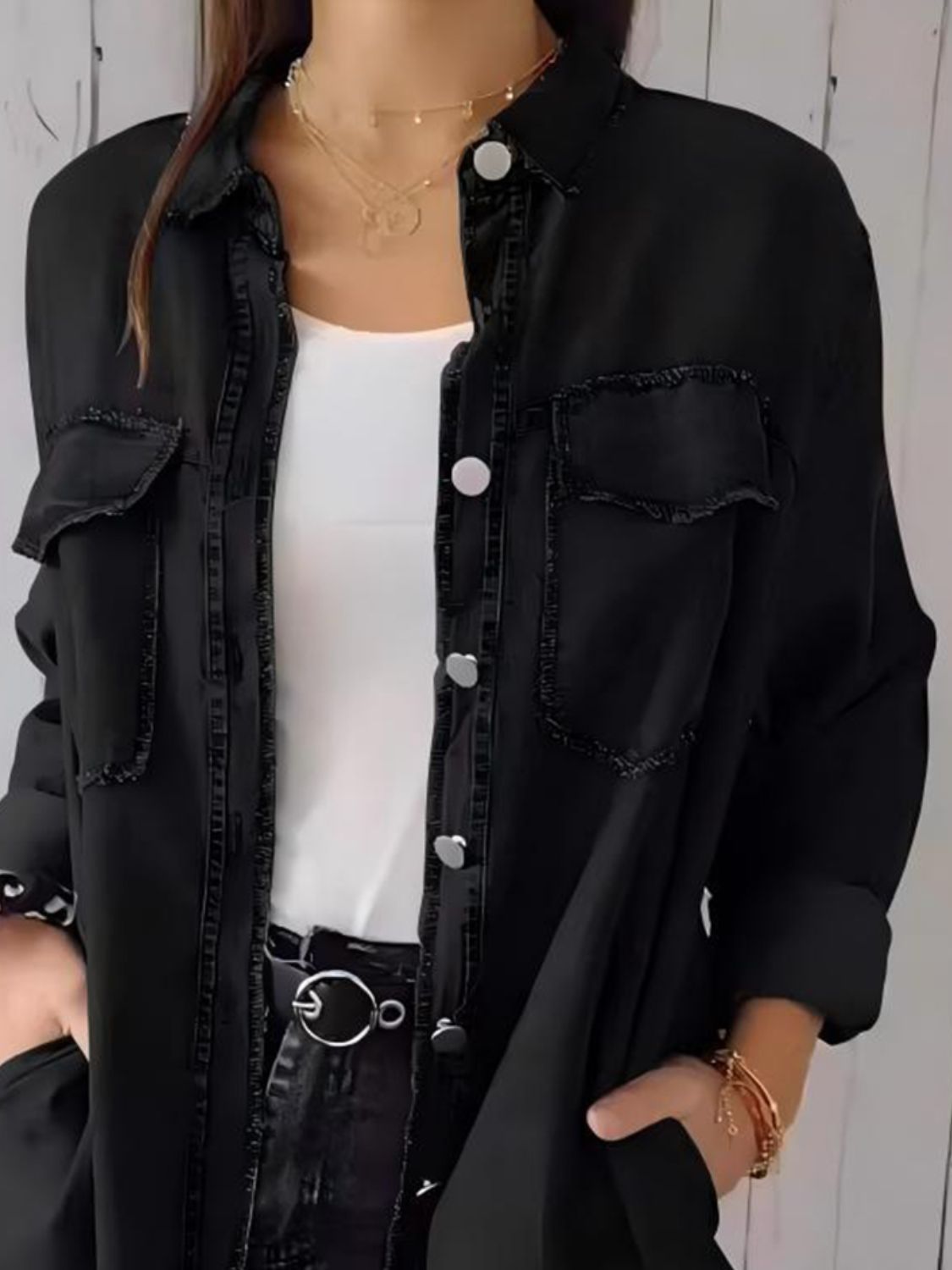 Full Size Raw Hem Button Up Long Sleeve Denim Top Plus Size - Charming Charlie