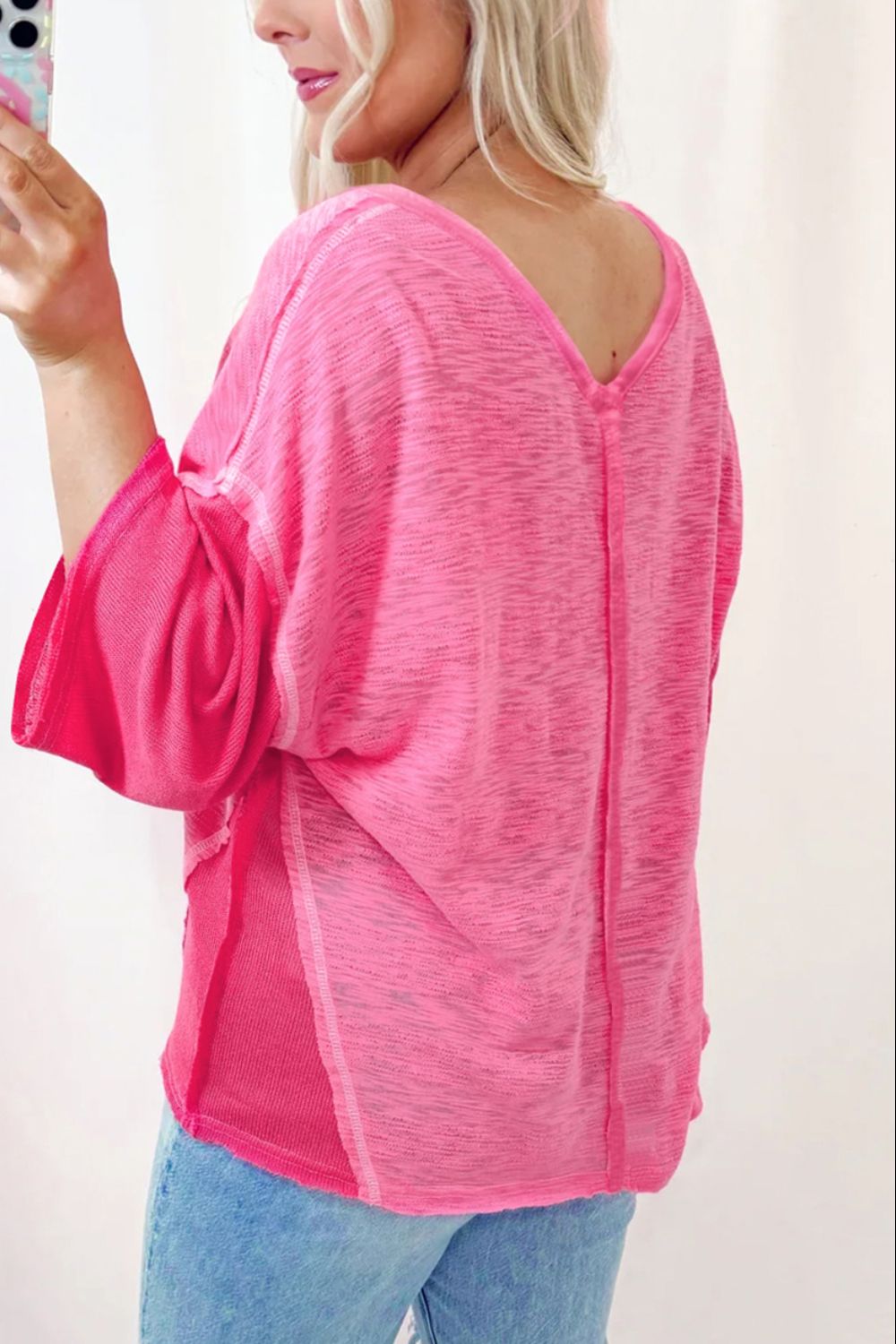 Exposed Seam V-Neck Three-Quarter Sleeve Blouse - Charming Charlie