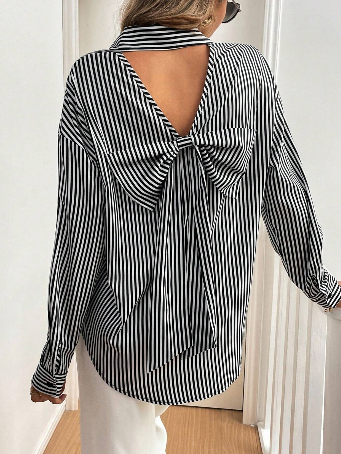 Cutout Bow Back Striped Collared Neck Long Sleeve Shirt - Charming Charlie