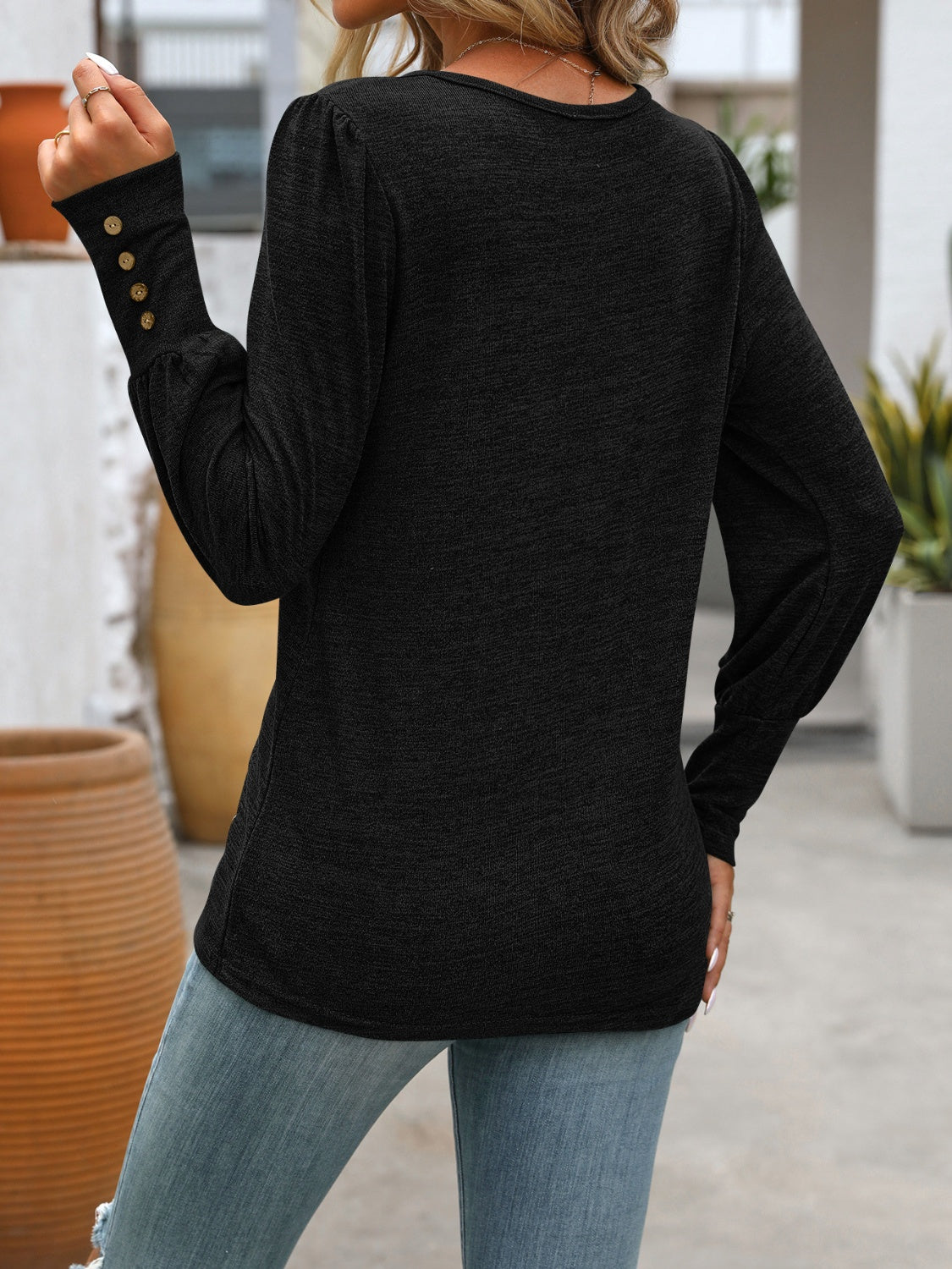Decorative Button Round Neck Long Sleeve T-Shirt - Charming Charlie