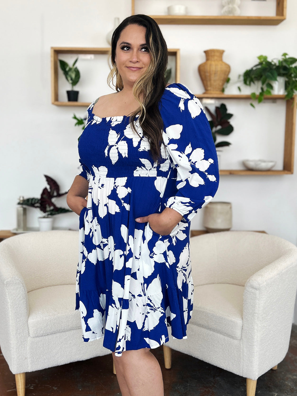 Double Take Full Size Floral Ruffle Hem Smocked Dress with Pockets - Charming Charlie