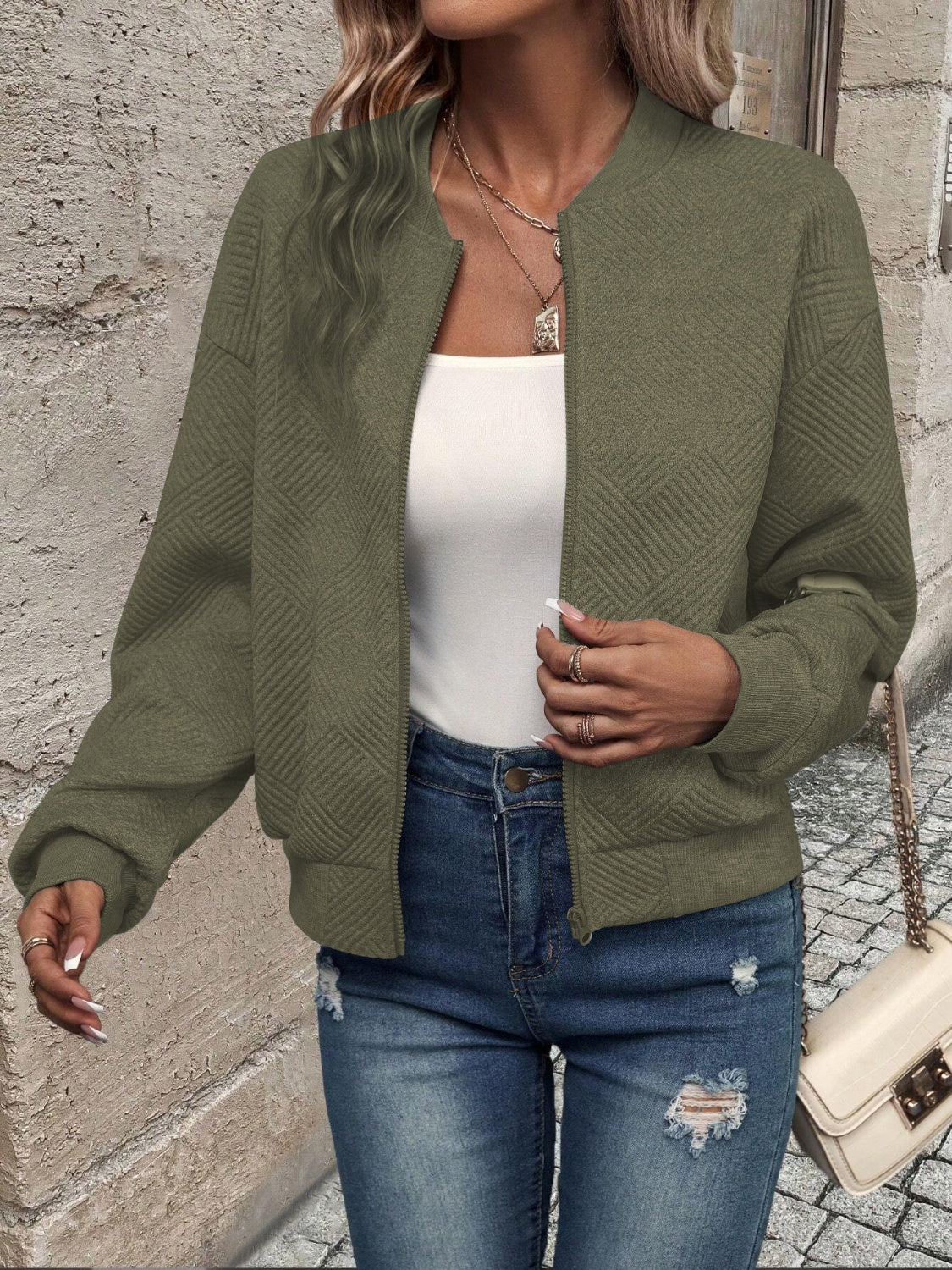 Textured Zip Up Long Sleeve Jacket - Charming Charlie