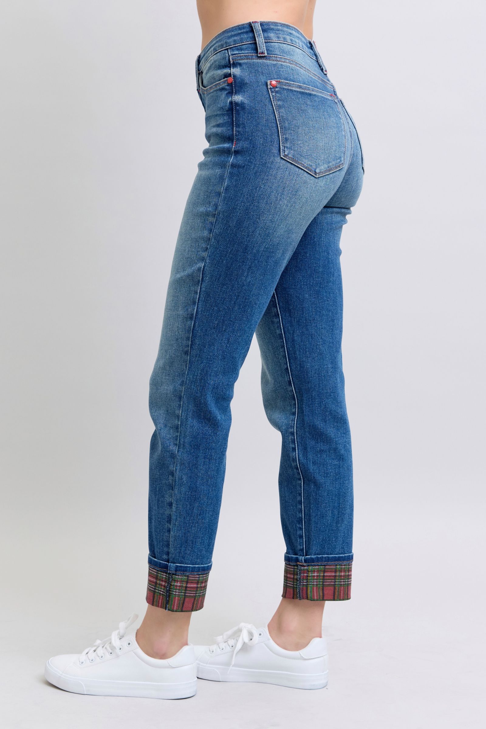 Judy Blue Full Size Plaid Print Cuff Straight Leg Jeans with Pockets - Charming Charlie