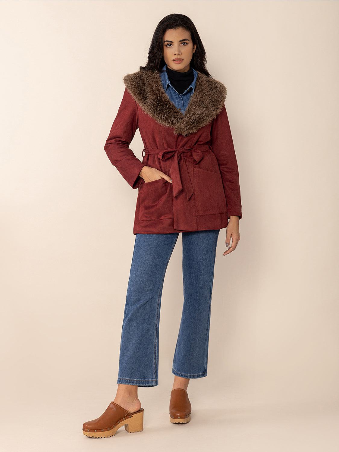 Fuzzy Collared Neck Tie Waist Jacket - Charming Charlie
