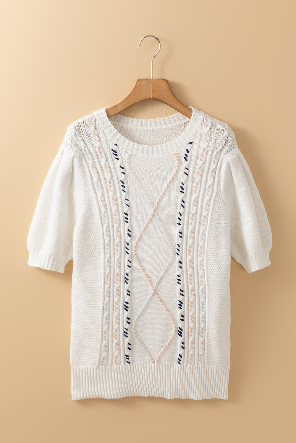 Cable Knit Round Neck Half Sleeve Sweater - Charming Charlie