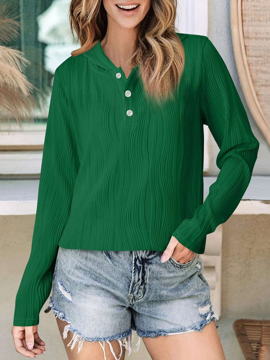 Textured Long Sleeve Hoodie - Charming Charlie