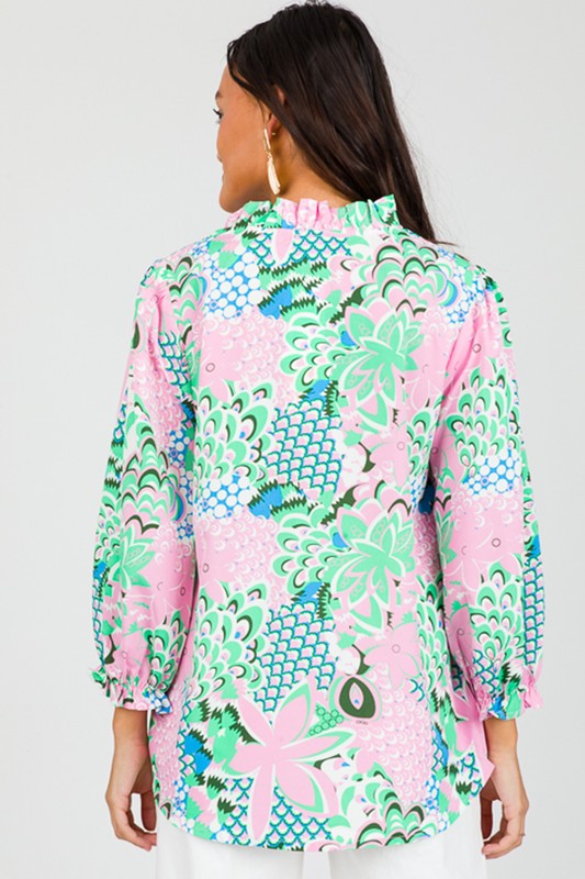 Green Floral Print V Neck Tied Loose Blouse - Charming Charlie